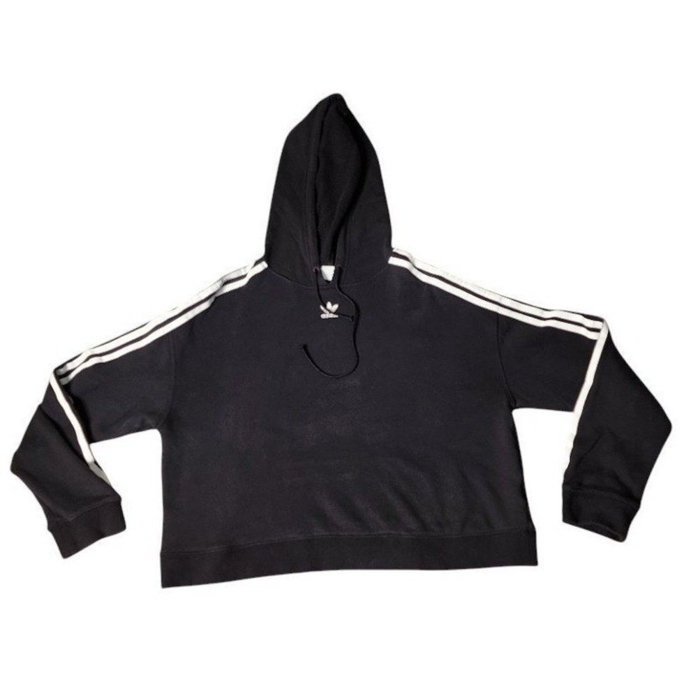 Adidas Originals Womens Black 3-Stripes Cropped Pullover Hoodie Size L